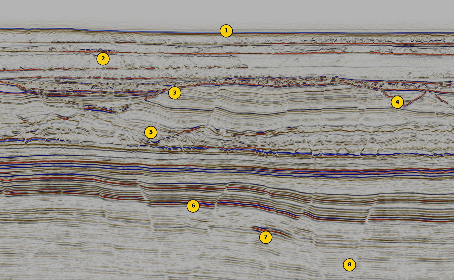 Seismic section annotated by GeoAssistant with eight numbered interpretation markers
