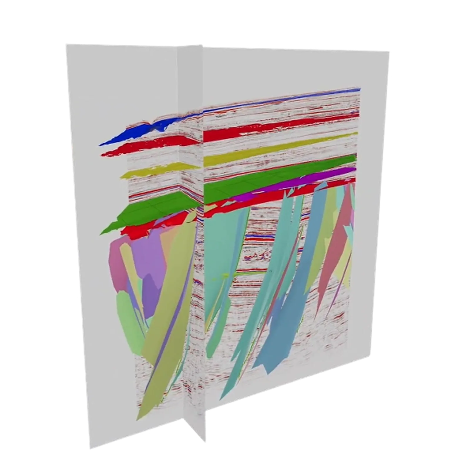 A seismic volume in GeoSurreal with AI-predicted horizons and faults rendered in 3D